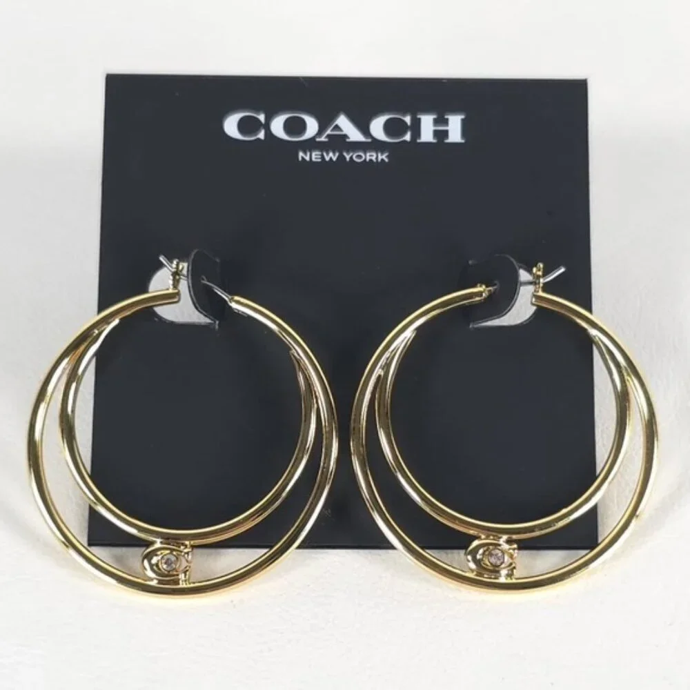 NWT COACH Women's Signature Double Hoop Gold Earrings with Cubic Zirconia Detail - Picture 1 of 11